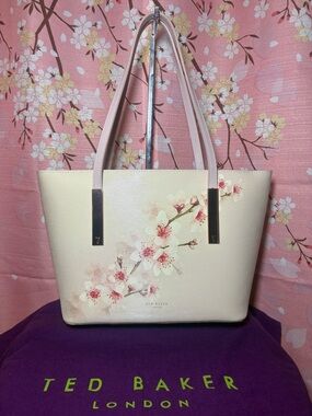 RARE Ted Baker Oriental Cherry Blossom Genuine Leather Pink Tote Bag & Pouch